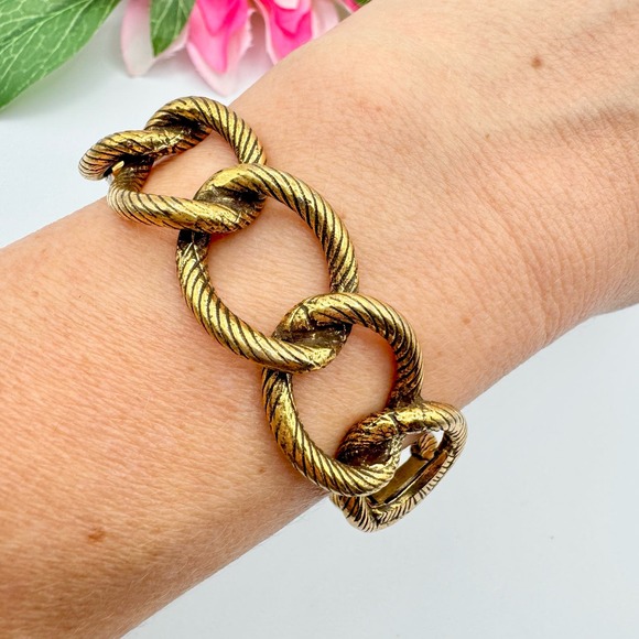 Vintage Etched Rope Cable Link Hinge Bangle Bracelet Gold Tone Plated - Picture 7 of 17
